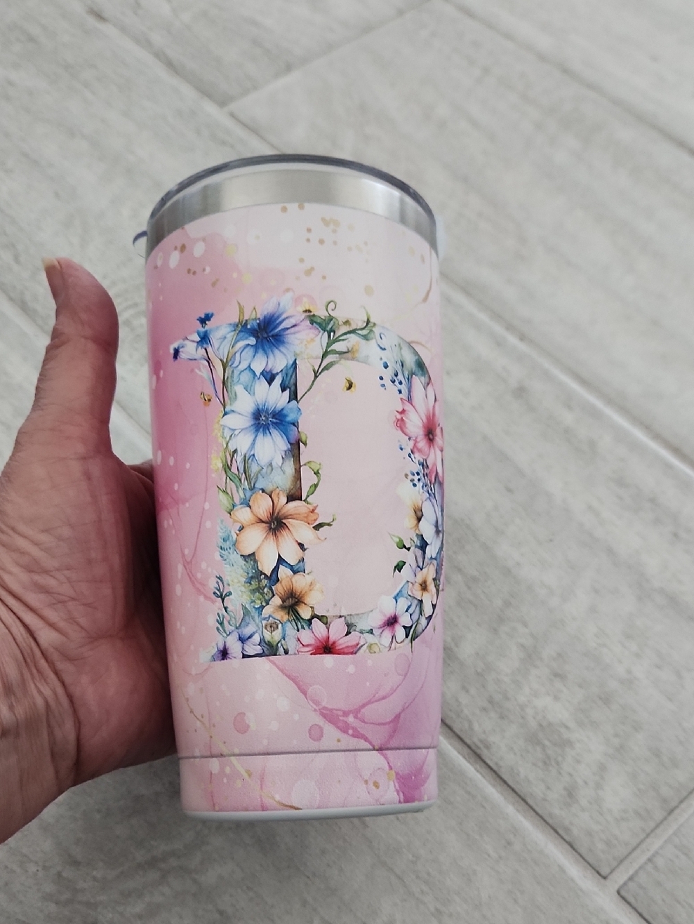 🌴🐻 Pink Floral Monogram Tumbler - Letter D